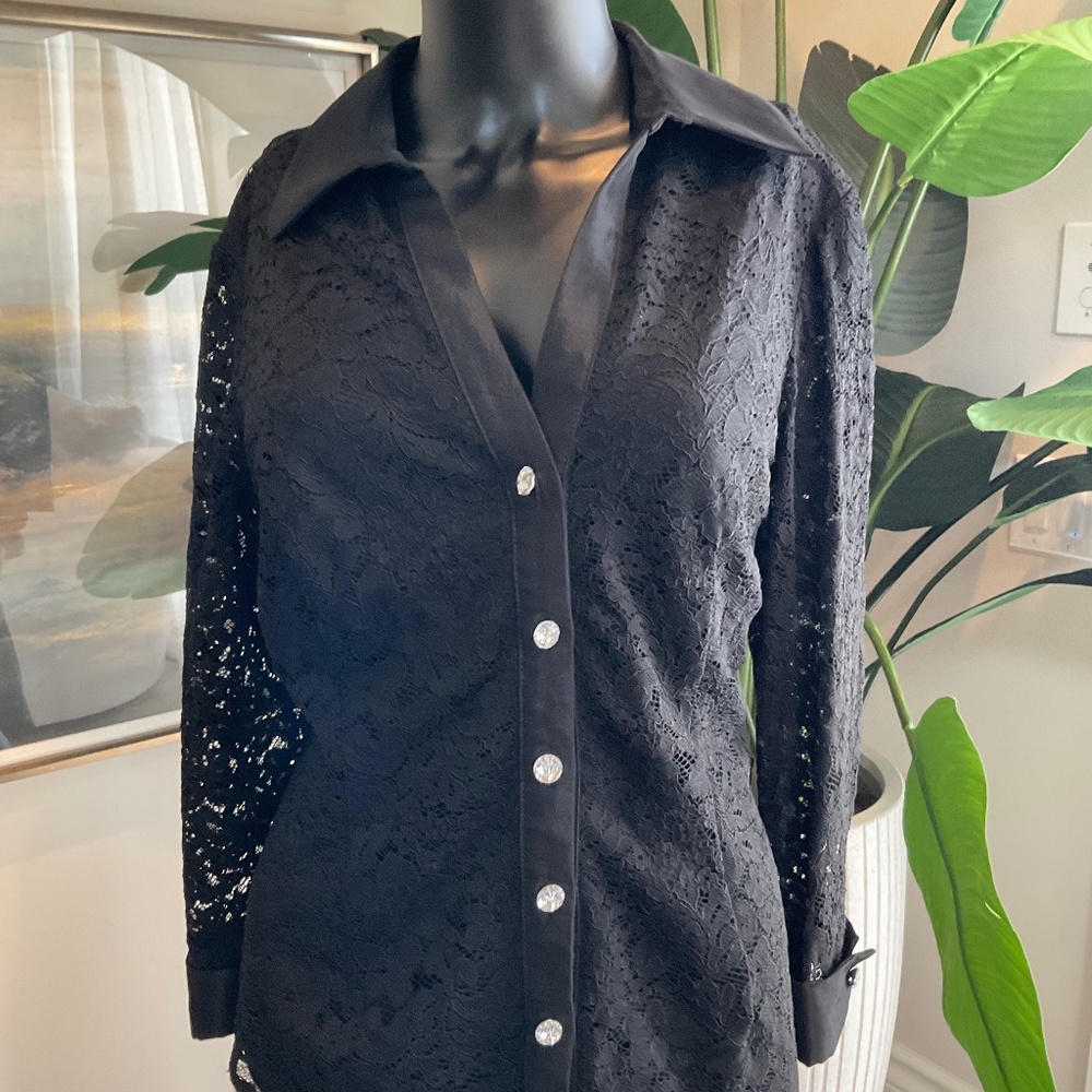 Black Lace Tops with Rhinestone Buttons!